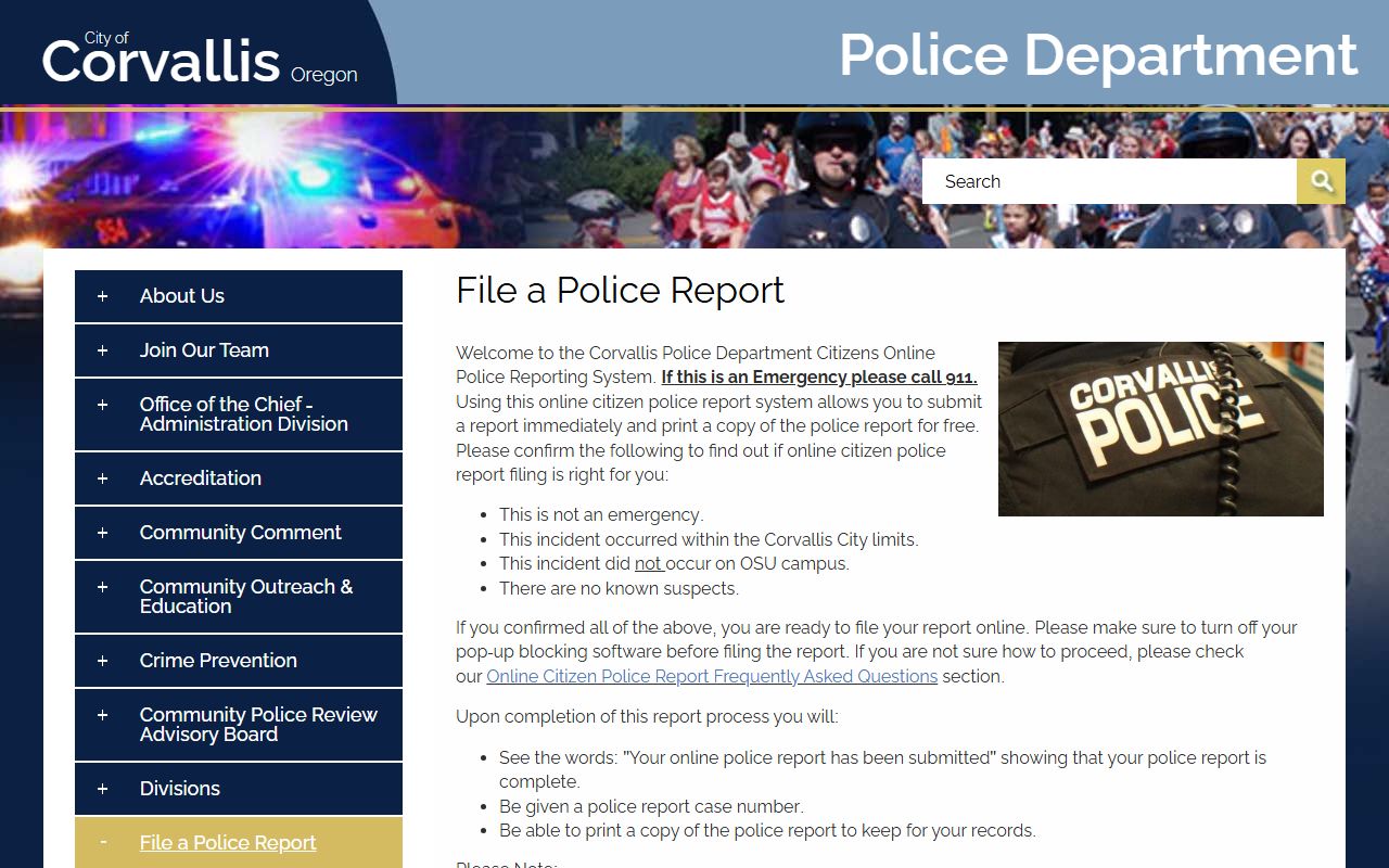 Corvallis Police Records Unit background check resource