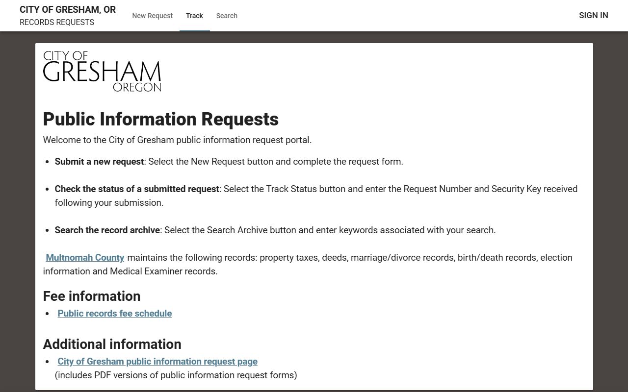 Gresham JustFOIA portal for background check requests