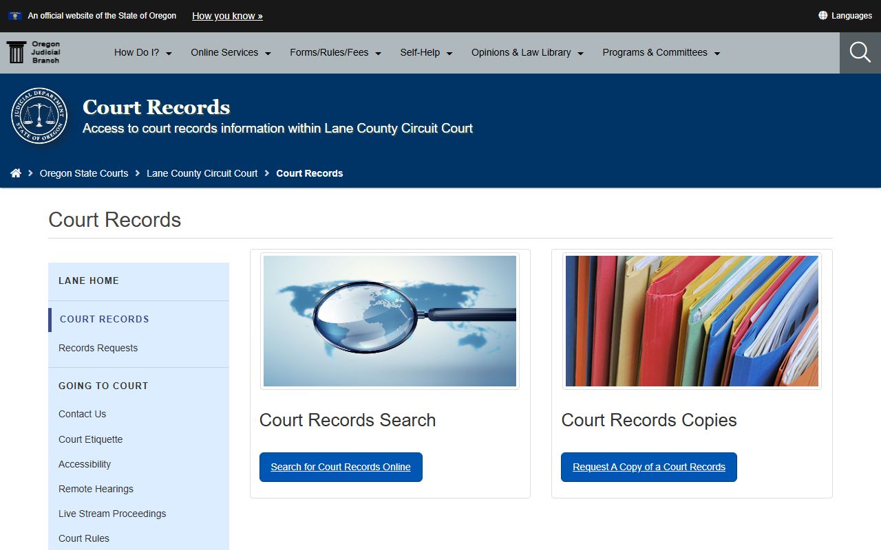 Lane County court records page for background check searches