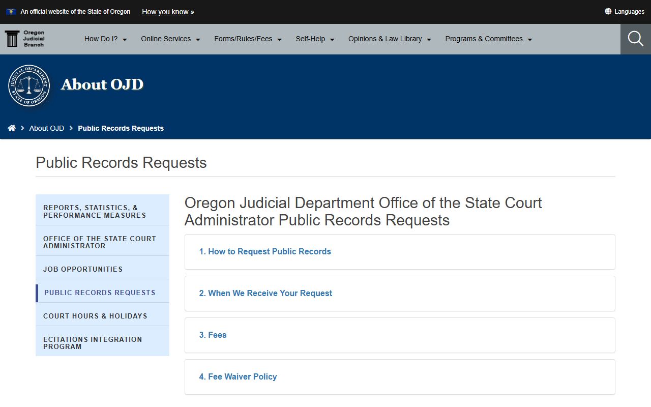 Oregon Judicial Department statewide records request for background check