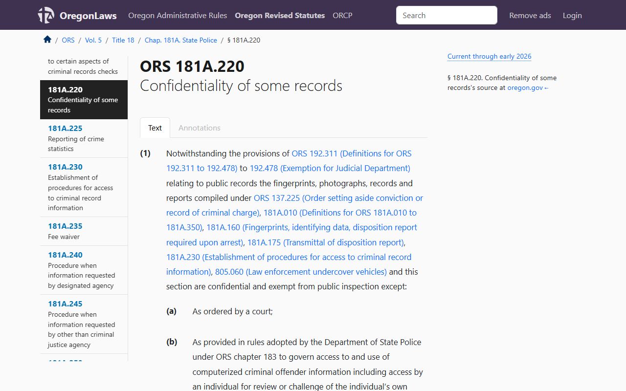 ORS 181A.220 criminal records confidentiality for Oregon background check