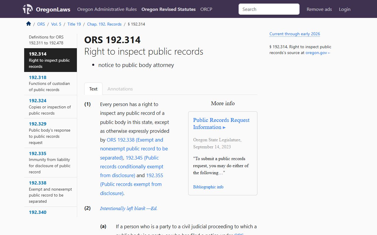 ORS 192.314 right to inspect public records for Oregon background check