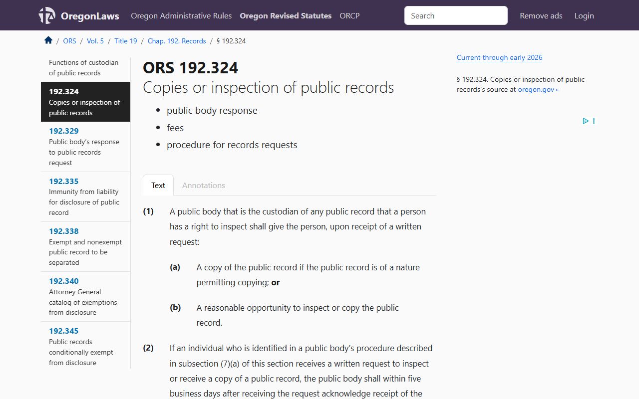 ORS 192.324 fees and procedures for Oregon background check records