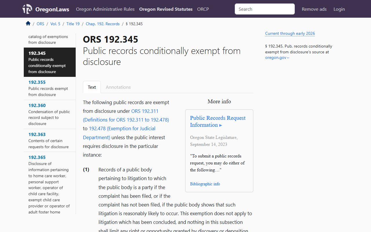 ORS 192.345 conditionally exempt records affecting Oregon background check