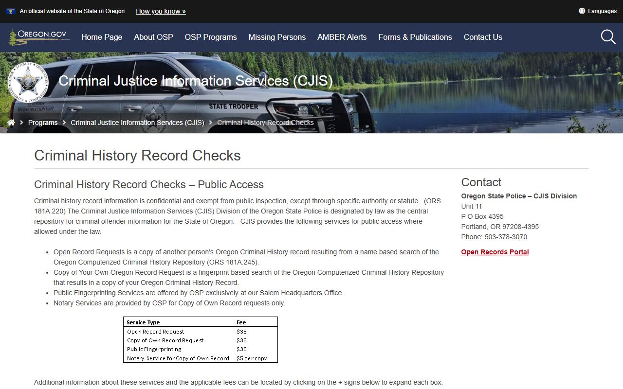 Oregon State Police CJIS criminal history background check page